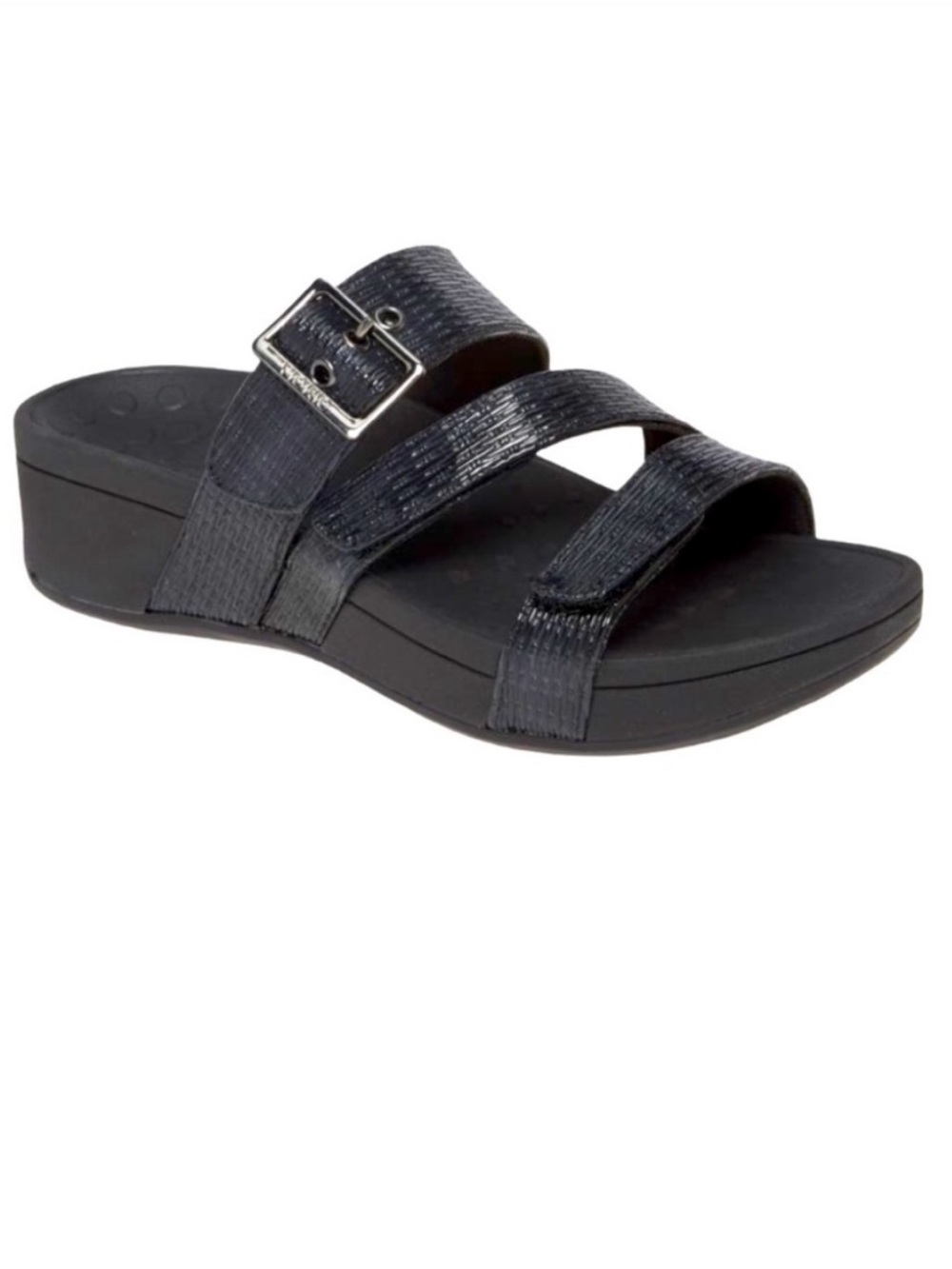 Vionic Black Pacific Rio Lizard Sandals Textured Platform Slide with Buckle - Picture 1 of 16